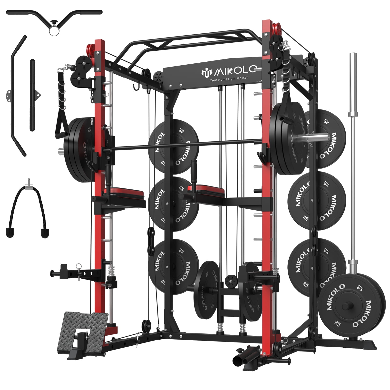 Mikolo Smith Machine Home Gym, 2000lbs Squat Rack with LAT-Pull Down System & Cable Crossover Machine, Training Equipment