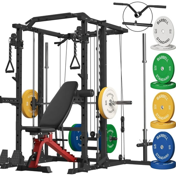 Mikolo Smith Machine Home Gym, 2100lbs Smith Rack with Cable Crossover, 800lbs Weight Bench and 230 lbs Weight Plate, Home Gym Equipment