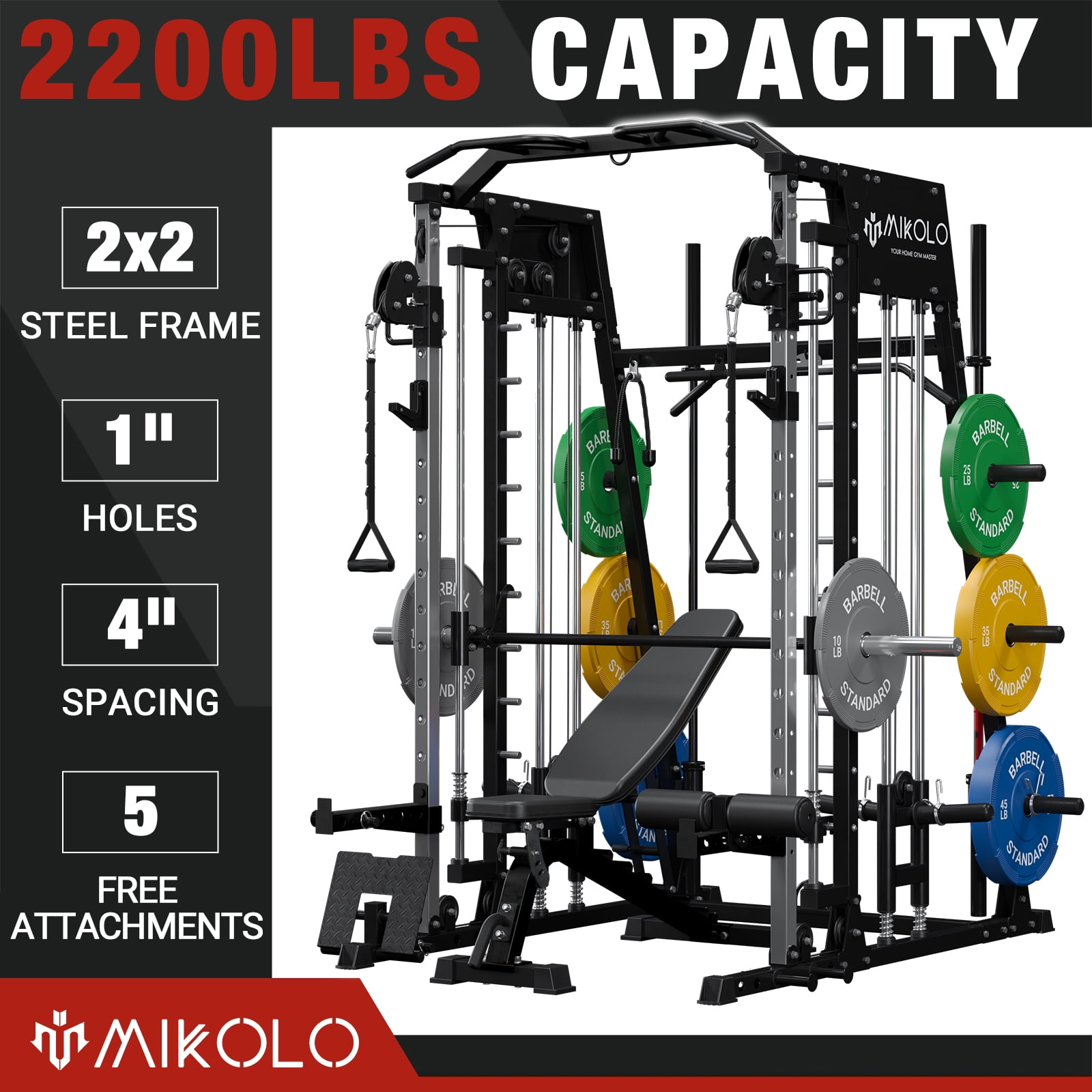 Mikolo Smith Machine Home Gym, 2200 lbs Power Rack Cage with Cable