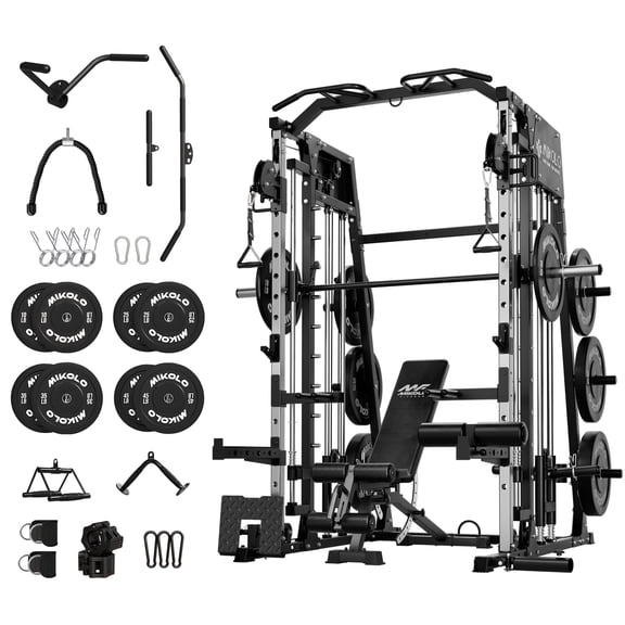 Mikolo Smith Machine Home Gym, 2200 lbs Power Rack Cage with Cable Crossover, Power Rack with 1200LB Capacity Adjustable Weight Bench and 230 lbs Weight Plate, Total Body Strength Training Equipment