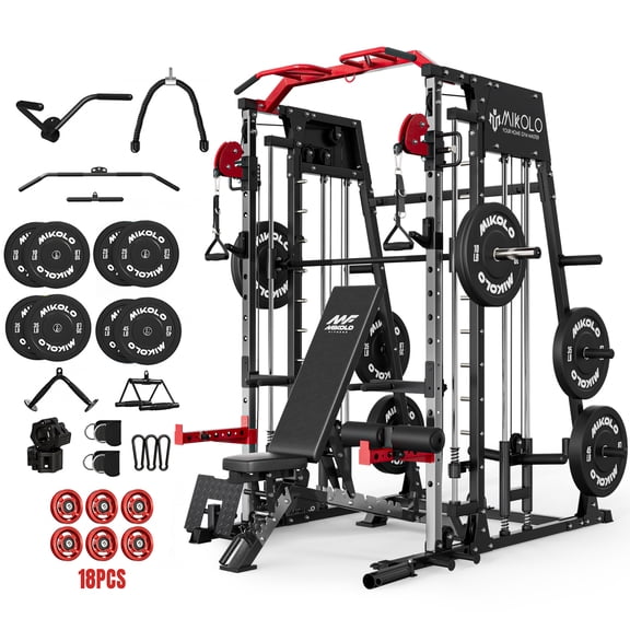 Mikolo Smith Machine Home Gym, 2200 lbs Power Rack Cage with Cable Crossover, Power Rack with 1200LB Capacity Adjustable Weight Bench and 230 lbs Weight Plate, Total Body Strength Training Equipment