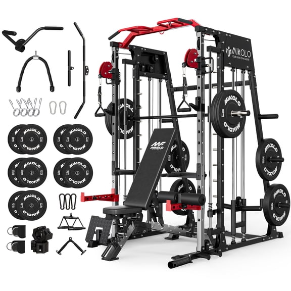 Mikolo Smith Machine Home Gym, 2200 lbs Power Rack Cage with Cable Crossover, Power Rack with 1200LB Capacity Adjustable Weight Bench and 260 lbs Weight Plate, Total Body Strength Training Equipment