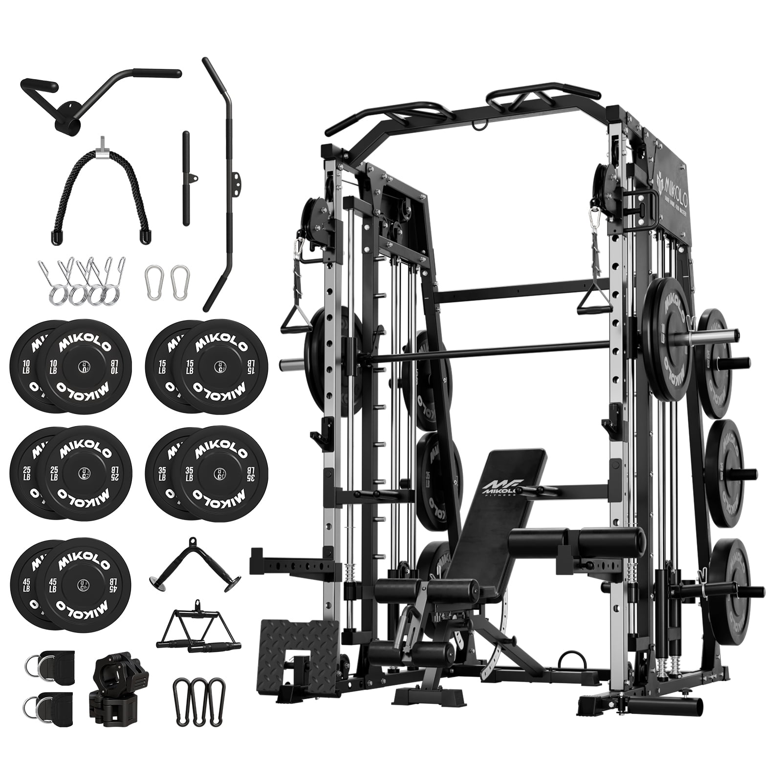 Mikolo Smith Machine Home Gym, 2200 lbs Power Rack Cage with Cable Crossover, Power Rack with 1200LB Capacity Adjustable Weight Bench and 260 lbs Weight Plate, Total Body Strength Training Equipment