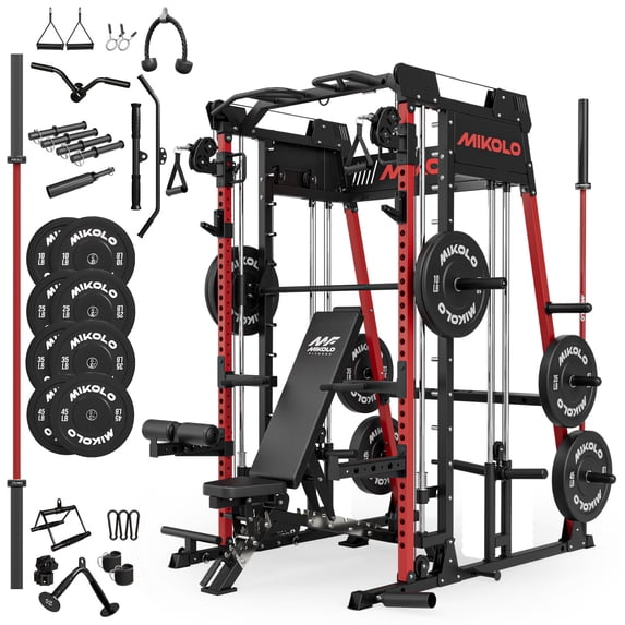 Mikolo M11 Smith Machine Home Gym, 2200 lbs Power Rack Cage with Bench, 7FT Barbell and 230 lbs Plates, Total Body Strength Training Equipment