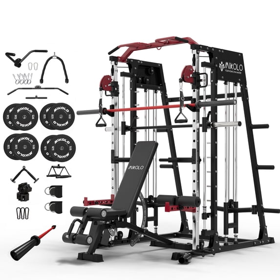 Mikolo Smith Machine Home Gym, 2200 lbs Power Rack Cage with Cable Crossover, Power Rack with 1200LB Capacity Adjustable Weight Bench and 230 lbs Weight Plate, Total Body Strength Training Equipment