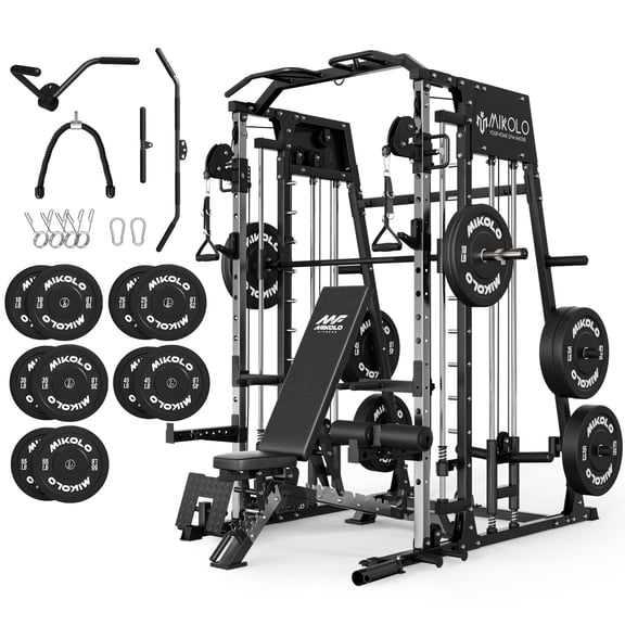 Mikolo Smith Machine Home Gym, 2200 lbs Power Rack Cage with Cable Crossover, Power Rack with 1200LB Capacity Adjustable Weight Bench and 340 lbs Weight Plate, Total Body Strength Training Equipment