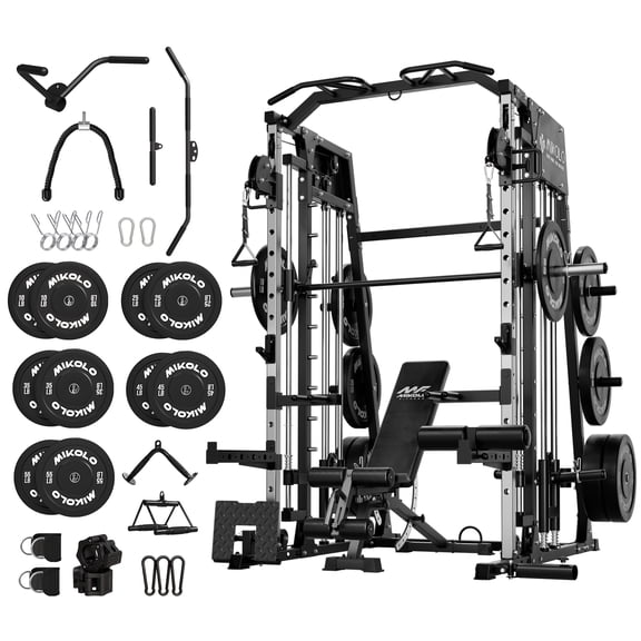 Mikolo Smith Machine Home Gym, 2200 lbs Power Rack Cage with Cable Crossover, Power Rack with 1200LB Capacity Adjustable Weight Bench and 340 lbs Weight Plate, Total Body Strength Training Equipment