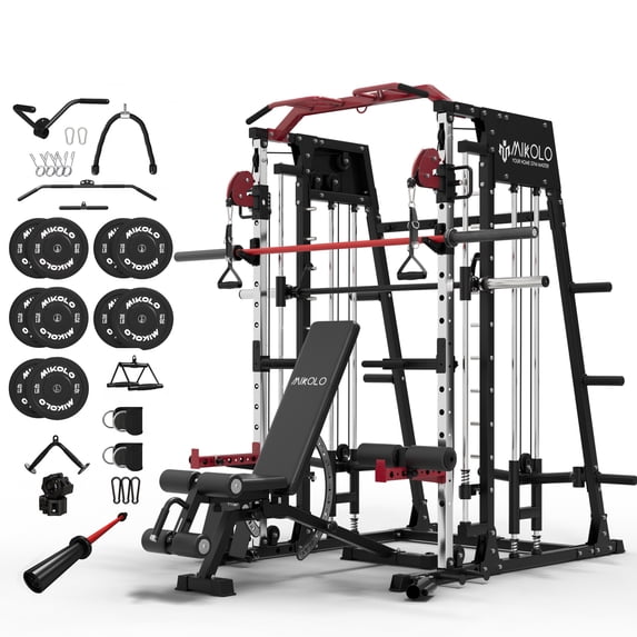 Mikolo Smith Machine Home Gym, 2200 lbs Power Rack Cage with Cable Crossover, Power Rack with 1200LB Capacity Adjustable Weight Bench and 260 lbs Weight Plate, Total Body Strength Training Equipment