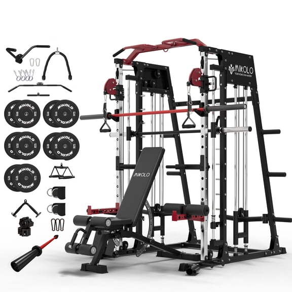 Mikolo Smith Machine Home Gym, 2200 lbs Power Rack Cage with Cable Crossover, Power Rack with 1200LB Capacity Adjustable Weight Bench and 260 lbs Weight Plate, Total Body Strength Training Equipment