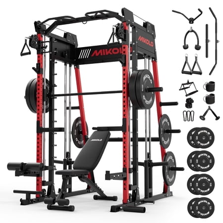 Mikolo M11 Smith Machine, Complete Starter Home Gym Package, 2200 lbs Power Rack with 230LBS Plates and Weight Bench, Total Body Strength Training Cage