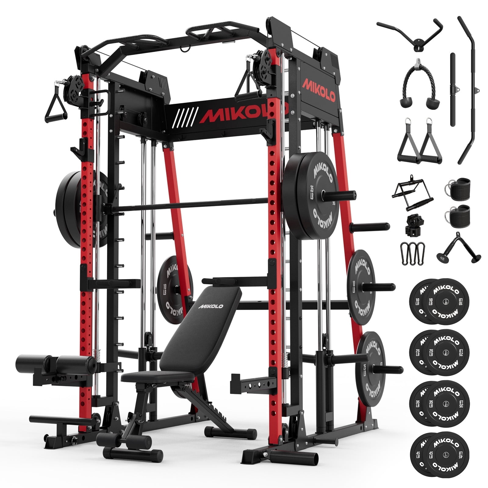 Mikolo M11 Smith Machine, Complete Starter Home Gym Package, 2200 lbs Power Rack with 230LBS Plates and Weight Bench, Total Body Strength Training Cage