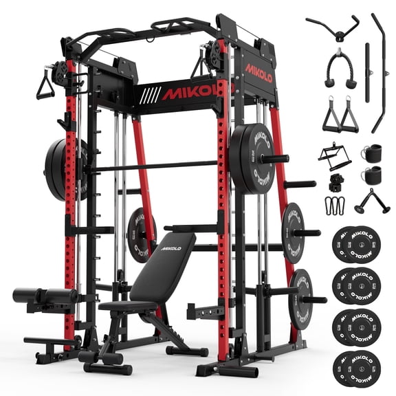 Mikolo M11 Smith Machine, Complete Starter Home Gym Package, 2200 lbs Power Rack with 230LBS Plates and Weight Bench, Total Body Strength Training Cage