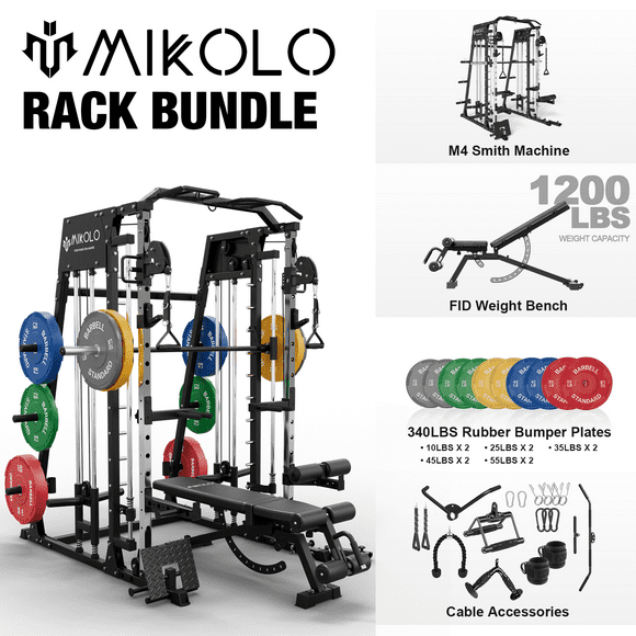 Mikolo Smith Machine Home Gym, 2200 lbs Power Rack Cage with Cable Crossover, Weight Bar, 360° Landmine, Barbell Holders and Other Attachments, Total Body Strength Training Cage