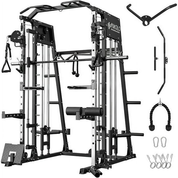 Mikolo Smith Machine Home Gym, 2200 lbs Power Rack Cage with Cable Crossover, Weight Bar, 360° Landmine, Barbell Holders and Other Attachments, Total Body Strength Training Cage