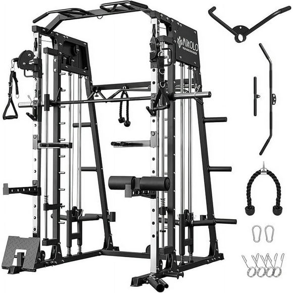 Mikolo Smith Machine Home Gym, 2200 lbs Power Rack Cage with Cable Crossover, Weight Bar, 360° Landmine, Barbell Holders and Other Attachments, Total Body Strength Training Cage