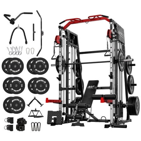 Mikolo Smith Machine Home Gym, 2200 lbs Power Rack Cage with Cable Crossover, Weight Bar, 360° Landmine, Barbell Holders and Other Attachments, Total Body Strength Training Cage