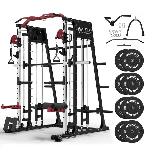 Mikolo Smith Machine Home Gym, 2200 lbs Power Rack Cage with Cable Crossover, Weight Bar, 360° Landmine, Barbell Holders and Other Attachments, Total Body Strength Training Cage