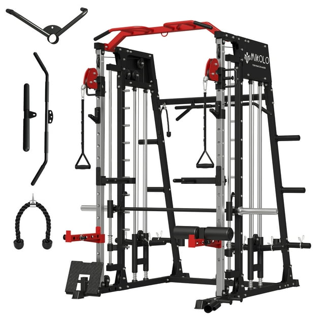 Mikolo Smith Machine Home Gym Total Body Strength Training Cage, 2200 lbs Power Rack Cage with Cable Crossover, Weight Bar, 360° Landmine
