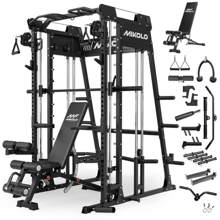 Mikolo Smith Machine Home Gym, 2200 lbs Power Rack Cage with 1200 lbs Weight Bench and Cable Crossover System, Weight Bar, 360° Landmine, Home Gym