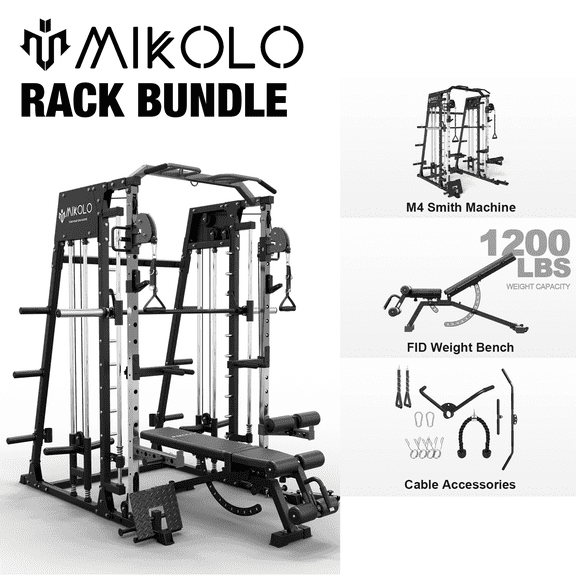 Mikolo Smith Machine Home Gym, 2200 lbs Power Rack Cage with 1200 lbs Weight Bench and Cable Crossover System, Weight Bar, 360Â° Landmine, Home Gym