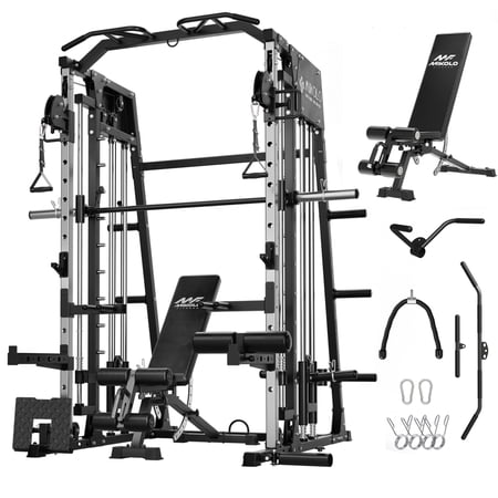Mikolo Smith Machine Home Gym, 2200 lbs Power Rack Cage with 1200 lbs Weight Bench and Cable Crossover System, Weight Bar, 360° Landmine, Home Gym