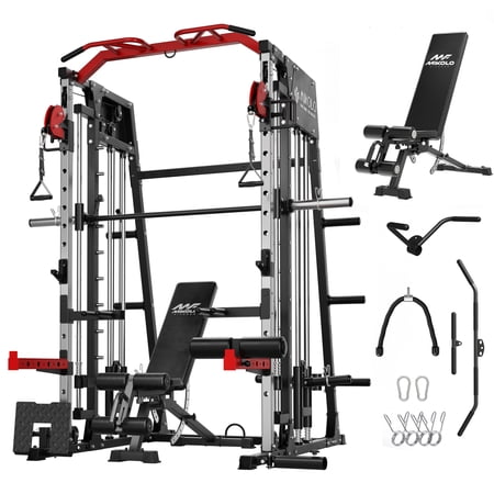 Mikolo Smith Machine Home Gym, 2200 lbs Power Rack Cage with 1200 lbs Weight Bench and Cable Crossover System, Weight Bar, 360Â° Landmine, Home Gym
