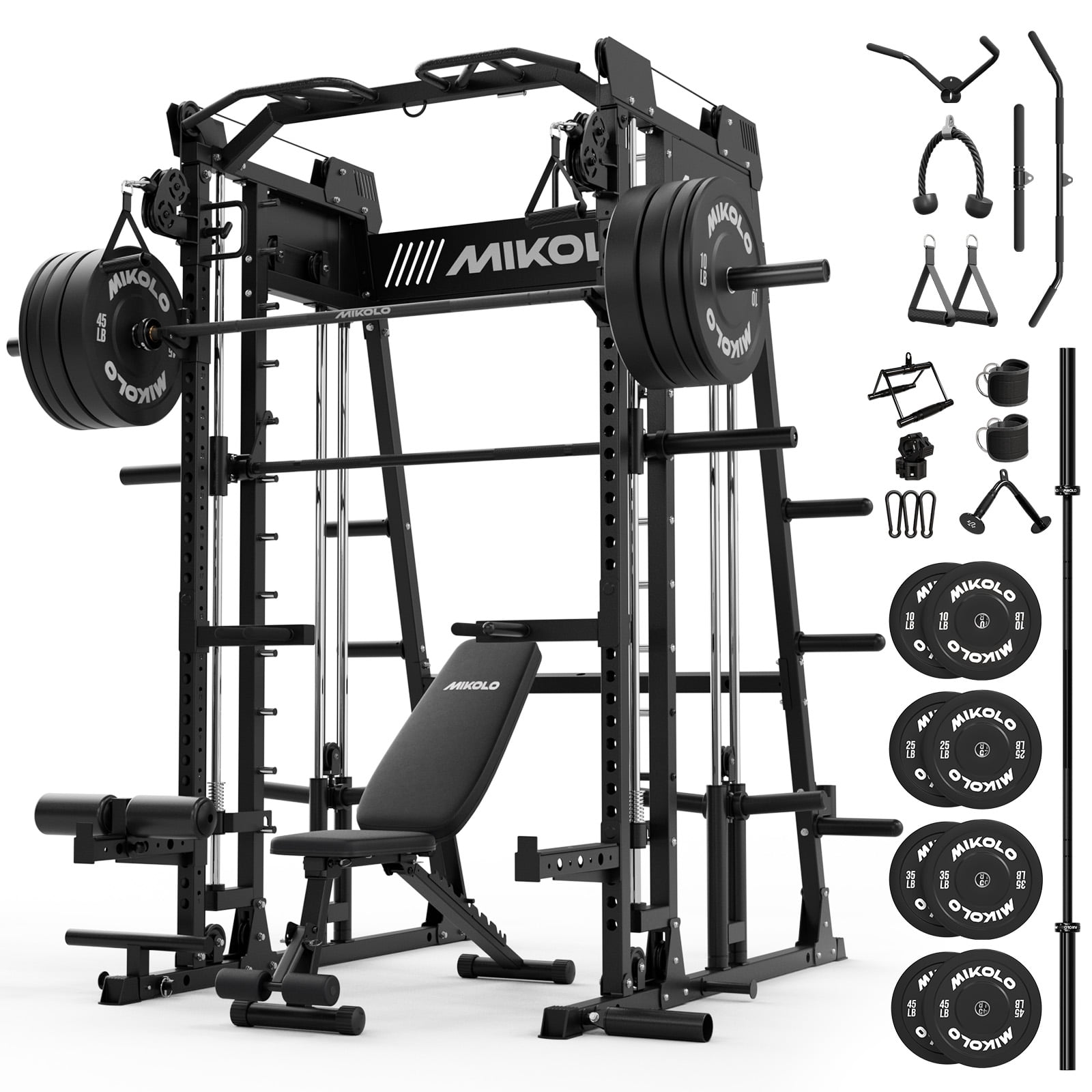 Mikolo M4 2.0 Smith Machine, Complete Starter Home Gym Package, 2200 lbs Power Rack with 230LBS Plates, Baerbell and Weight Bench, Total Body Strength Training Cage