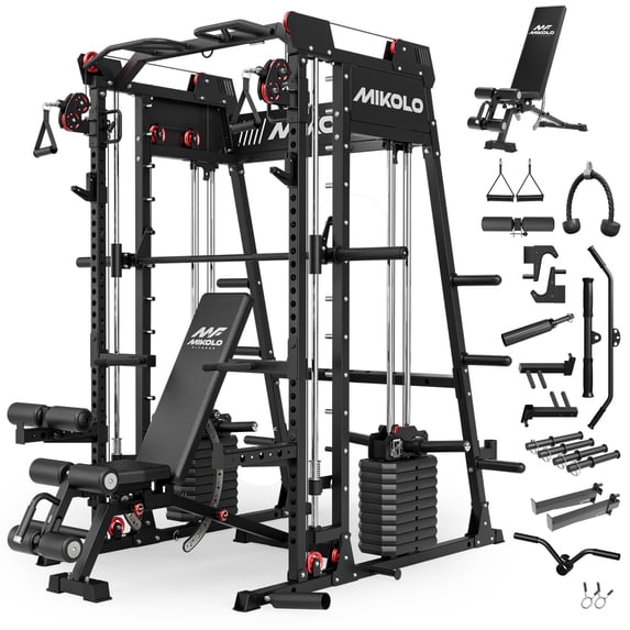 Mikolo M11 Elite Smith Machine Home Gym, 2200LBS Power Rack Cage with Dual 130LBS Weight Stacks, Functional Trainer with Weight Bench , Aluminum Pulleys and Other Attachments for Home Gym