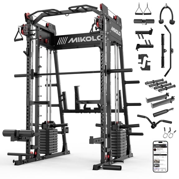Mikolo M11 Elite Smith Machine Home Gym,2200 lbs Power Rack Cage with Dual 130LBS Weight Stacks, Functional Trainer , 18PCS Aluminum Pulleys and Other Attachments for Home Gym