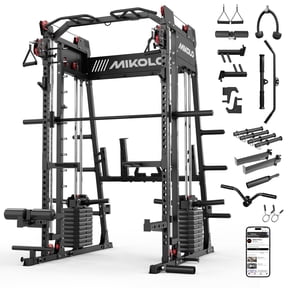 Mikolo M11 Elite Smith Machine Home Gym,2200 lbs Power Rack Cage with Dual 130LBS Weight Stacks, Functional Trainer , 18PCS Aluminum Pulleys and Other Attachments for Home Gym