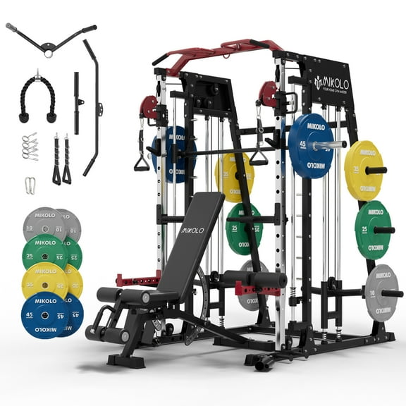 Mikolo Smith Machine Home Gym, 2200 lbs Power Rack Cage with Cable Crossover, Smith Cage with Ultimate Home Package