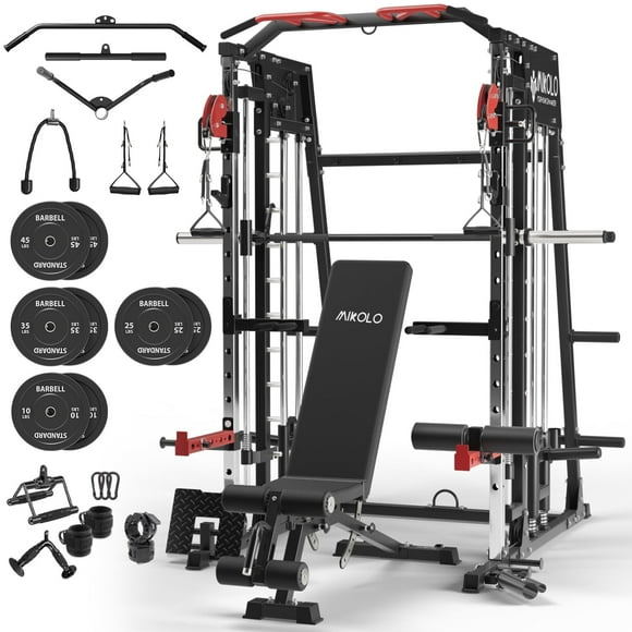 Mikolo Smith Machine Home Gym, 2200 lbs Power Rack Cage with Cable Crossover, Smith Cage with Ultimate Home Package