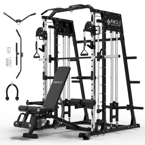 Mikolo Smith Machine Home Gym, 2200 lbs Power Rack Cage with Cable Crossover, Smith Cage with Ultimate Home Package