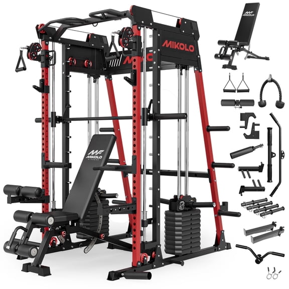 Mikolo M11 Elite Smith Machine Home Gym,2200 lbs Power Rack Cage with Weight Bench, Functional Trainer , 260LBS Weight Stack and Other Attachments for Home Gym