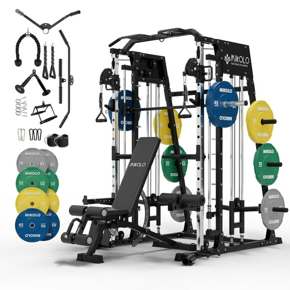 Mikolo Smith Machine Home Gym,2200 lbs Power Rack Cage with Weight Bench, Functional Trainer , 230LBS Plates and Other Attachments for Home Gym