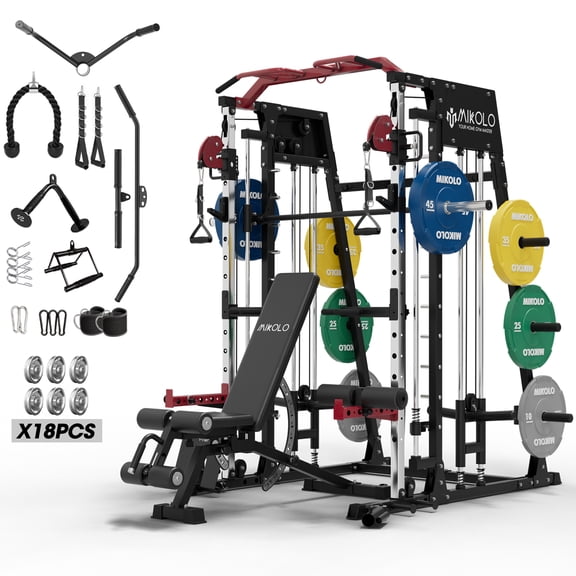 Mikolo Smith Machine Home Gym,2200 lbs Power Rack Cage with Weight Bench, Functional Trainer , 230LBS Plates and Other Attachments for Home Gym