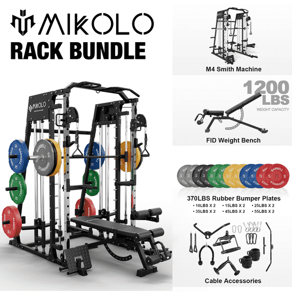 Mikolo Smith Machine Home Gym,2200 lbs Power Rack Cage with Weight Bench, Functional Trainer , 370LBS Plates and Other Attachments for Home Gym
