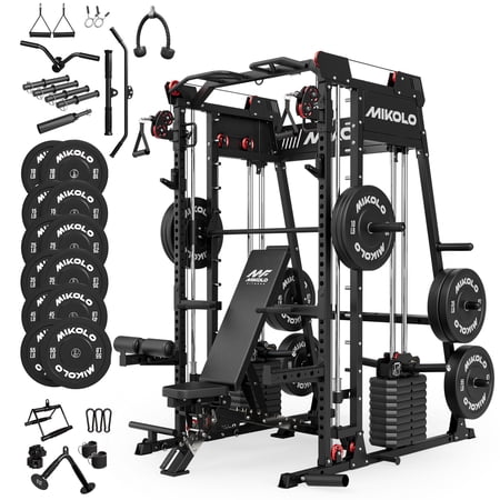 Mikolo Smith Machine Home Gym,2200 lbs Power Rack Cage with Weight Bench, Functional Trainer , 370LBS Plates and Other Attachments for Home Gym