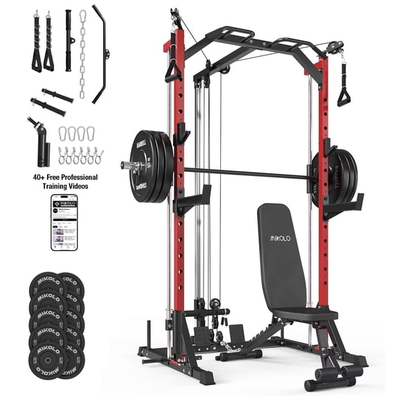Mikolo Smith Machine Home Gym, 7-in-1 Multi-Function Squat Rack with Cable Crossover, 1000LBS Workout Station with Smith Bar, Weight Bench and 340LB Weight Plates