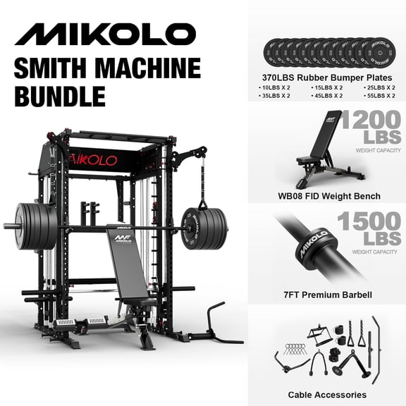 Mikolo Smith Machine Home Gym, All-in-One Power Rack with Smith Cage and Functional Trainer, Squat Rack with 2:1 Dual Pulley Cable System and Extended Forward Reach, Vertical Leg Press