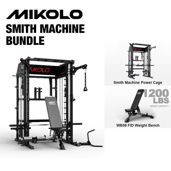 Mikolo Smith Machine Home Gym with FID Bench, All-in-One Power Rack with Smith Cage and Functional Trainer, Squat Rack with 2:1 Dual Pulley Cable System and Extended Forward Reach, Vertical Leg Press