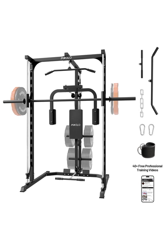 Smith Machine Home Gym, Multi-Functional Power Rack with Pec Deck Machine, Lat Pull Down System with Bar, Low Row Station with Cable bar and Foot Board