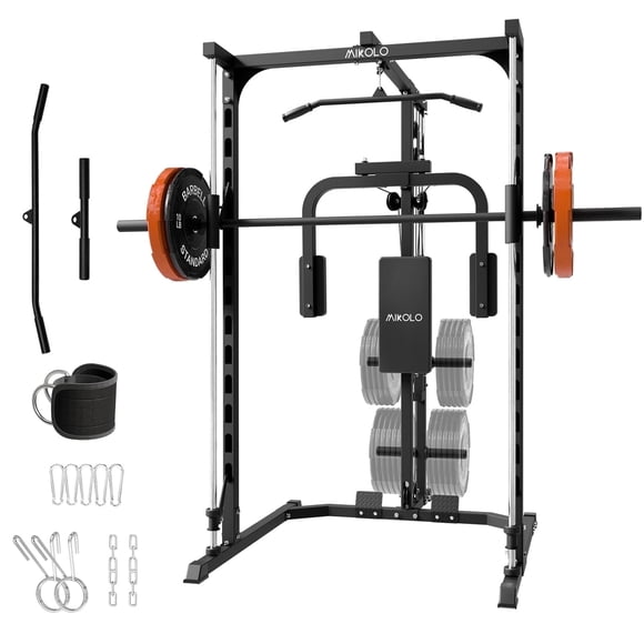 Mikolo Smith Machine Home Gym, Multi-Functional Power Rack with Pec Deck Machine, Lat Pull Down System with Bar, Low Row Station with Cable bar and Foot Board