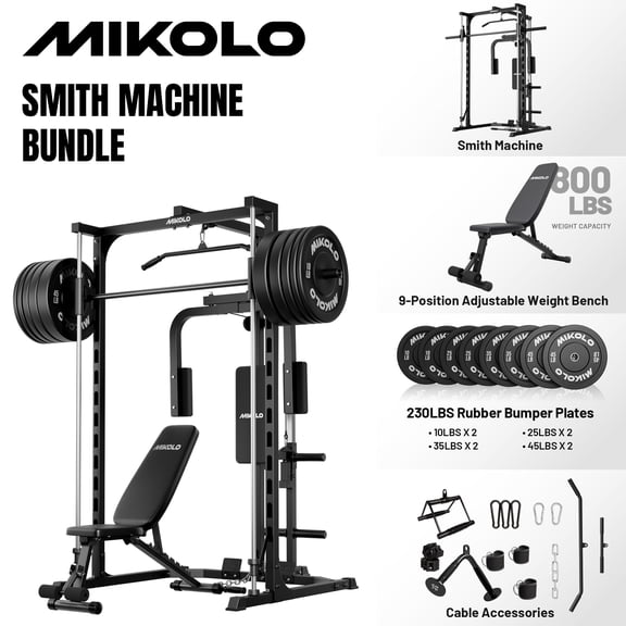 Mikolo Smith Machine Home Gym, Multi-Functional Power Rack with Pec Deck Machine, Lat Pull Down System with Bar, Low Row Station with Cable bar and Foot Board