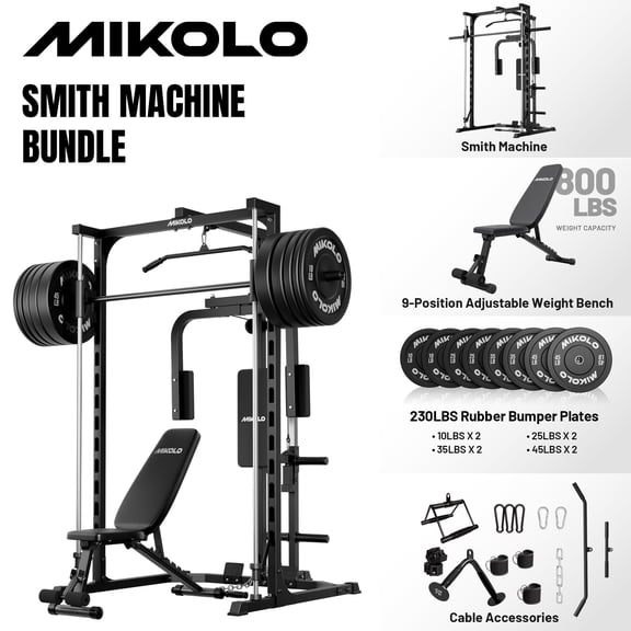 Mikolo Smith Machine Home Gym, Multi-Functional Power Rack with Pec Deck Machine, Lat Pull Down System with Bar, Low Row Station with Cable bar and Foot Board