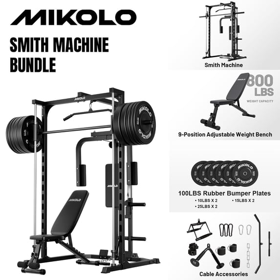 Mikolo Smith Machine Home Gym, Multi-Functional Power Rack with Pec Deck Machine, Lat Pulldown System with Bar,Weight Bench and 100LBS Weight Plates,Low Row Station with Cable bar and Foot Board