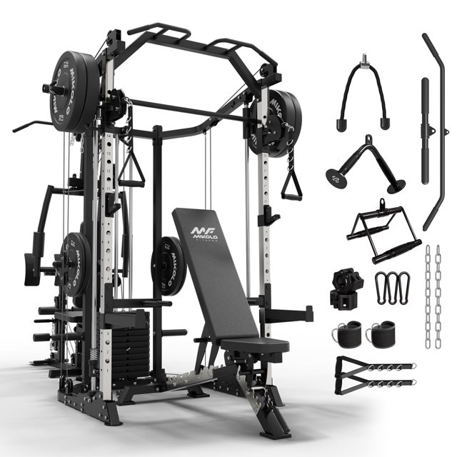 Mikolo Smith Machine Power Cage, Multi-Function Home Gym System with Cable Crossover, 121LB Weight Stack