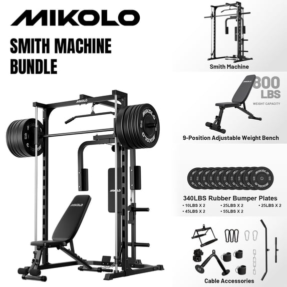 Mikolo Smith Machine Home Gym, Multi-Functional Power Rack with Pec Deck Machine, Lat Pulldown System with Bar,Weight Bench and 340LBS Weight Plates,Low Row Station with Cable bar and Foot Board