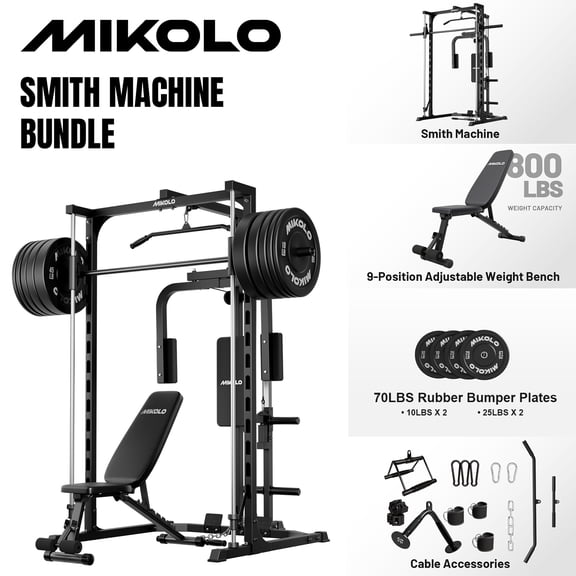 Mikolo Smith Machine Home Gym,Multi-Functional Power Rack with Pec Deck Machine,Lat Pulldown System with Bar,Weight Bench and 70LBS Weight Plates,Low Row Station with Cable bar and Foot Board