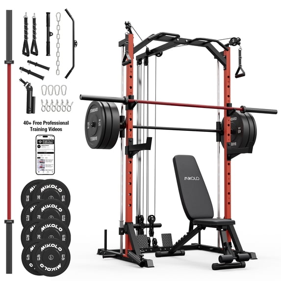 Mikolo Smith Machine Home Gym, 7-in-1 Multi-Function Squat Rack with Cable Crossover, 1000LBS Workout Station with Smith Bar, Barbell, Weight Bench and 230LB Weight Plates